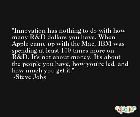 Innovation has nothing to do with how many R&D dollars you have. When Apple came up with the Mac, IBM was spending at least 100 times more on R&D. It's not about money. It's about the people you have, how you're led, and how much you get it. -Steve Jobs
