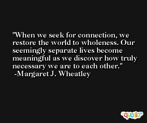When we seek for connection, we restore the world to wholeness. Our seemingly separate lives become meaningful as we discover how truly necessary we are to each other. -Margaret J. Wheatley