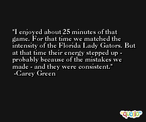 I enjoyed about 25 minutes of that game. For that time we matched the intensity of the Florida Lady Gators. But at that time their energy stepped up - probably because of the mistakes we made - and they were consistent. -Carey Green