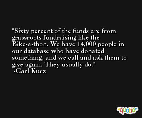 Sixty percent of the funds are from grassroots fundraising like the Bike-a-thon. We have 14,000 people in our database who have donated something, and we call and ask them to give again. They usually do. -Carl Kurz