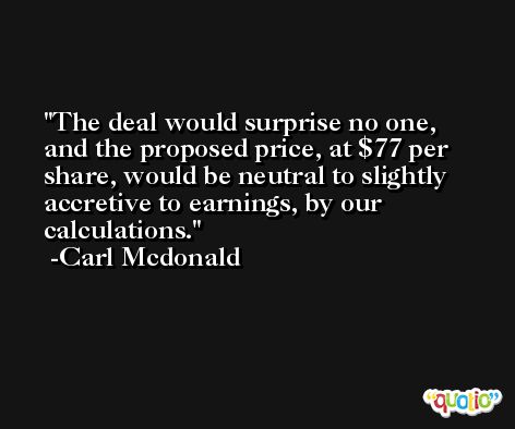 The deal would surprise no one, and the proposed price, at $77 per share, would be neutral to slightly accretive to earnings, by our calculations. -Carl Mcdonald