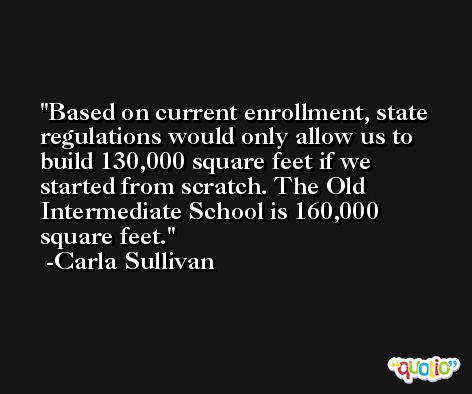 Based on current enrollment, state regulations would only allow us to build 130,000 square feet if we started from scratch. The Old Intermediate School is 160,000 square feet. -Carla Sullivan