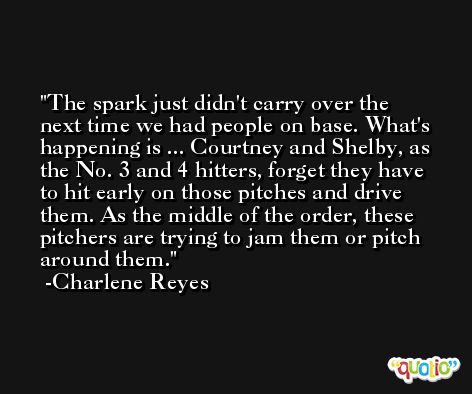 The spark just didn't carry over the next time we had people on base. What's happening is ... Courtney and Shelby, as the No. 3 and 4 hitters, forget they have to hit early on those pitches and drive them. As the middle of the order, these pitchers are trying to jam them or pitch around them. -Charlene Reyes