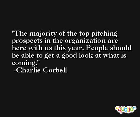 The majority of the top pitching prospects in the organization are here with us this year. People should be able to get a good look at what is coming. -Charlie Corbell