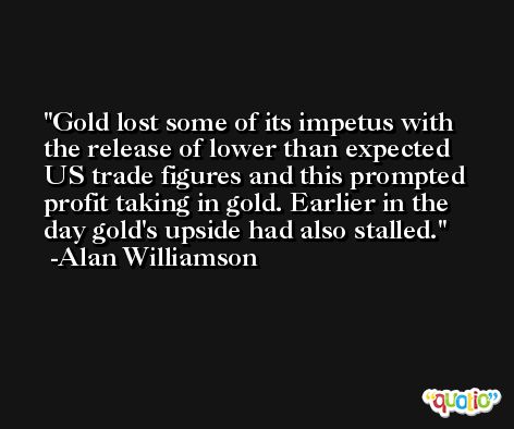 Gold lost some of its impetus with the release of lower than expected US trade figures and this prompted profit taking in gold. Earlier in the day gold's upside had also stalled. -Alan Williamson