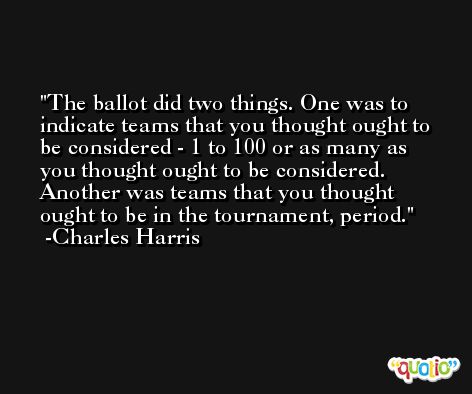 The ballot did two things. One was to indicate teams that you thought ought to be considered - 1 to 100 or as many as you thought ought to be considered. Another was teams that you thought ought to be in the tournament, period. -Charles Harris