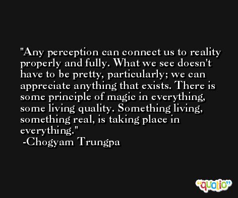 Any perception can connect us to reality properly and fully. What we see doesn't have to be pretty, particularly; we can appreciate anything that exists. There is some principle of magic in everything, some living quality. Something living, something real, is taking place in everything. -Chogyam Trungpa
