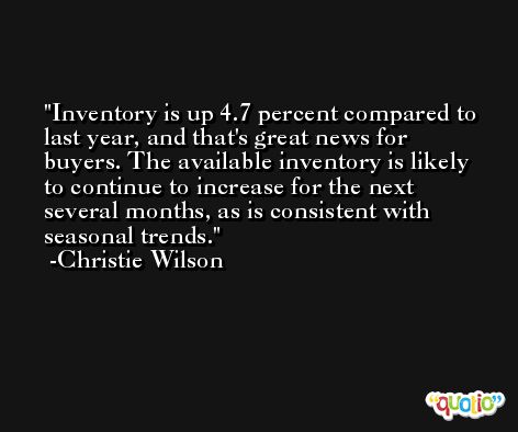 Inventory is up 4.7 percent compared to last year, and that's great news for buyers. The available inventory is likely to continue to increase for the next several months, as is consistent with seasonal trends. -Christie Wilson