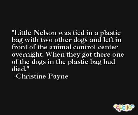 Little Nelson was tied in a plastic bag with two other dogs and left in front of the animal control center overnight. When they got there one of the dogs in the plastic bag had died. -Christine Payne