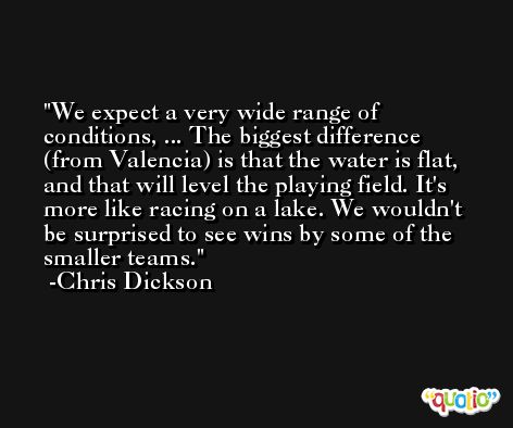 We expect a very wide range of conditions, ... The biggest difference (from Valencia) is that the water is flat, and that will level the playing field. It's more like racing on a lake. We wouldn't be surprised to see wins by some of the smaller teams. -Chris Dickson