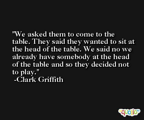 We asked them to come to the table. They said they wanted to sit at the head of the table. We said no we already have somebody at the head of the table and so they decided not to play. -Clark Griffith