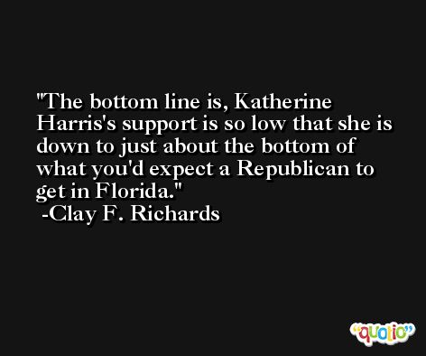 The bottom line is, Katherine Harris's support is so low that she is down to just about the bottom of what you'd expect a Republican to get in Florida. -Clay F. Richards
