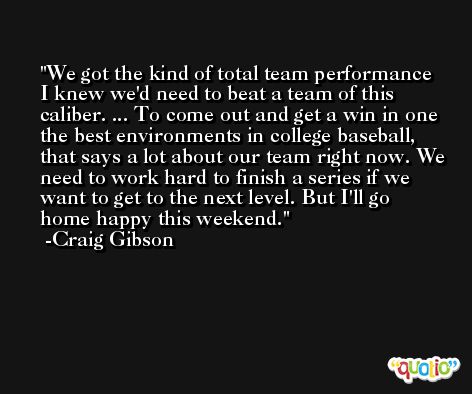We got the kind of total team performance I knew we'd need to beat a team of this caliber. ... To come out and get a win in one the best environments in college baseball, that says a lot about our team right now. We need to work hard to finish a series if we want to get to the next level. But I'll go home happy this weekend. -Craig Gibson