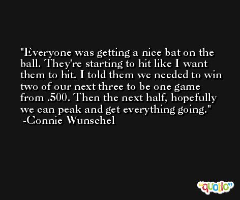 Everyone was getting a nice bat on the ball. They're starting to hit like I want them to hit. I told them we needed to win two of our next three to be one game from .500. Then the next half, hopefully we can peak and get everything going. -Connie Wunschel