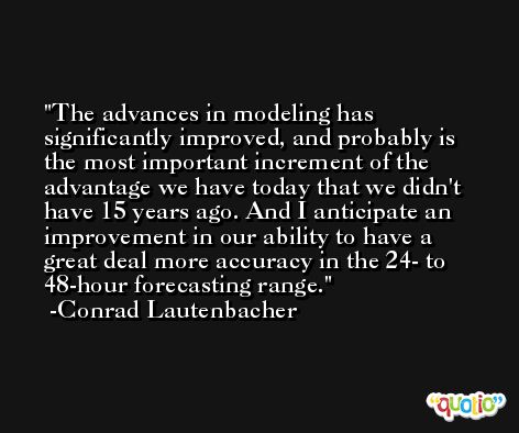 The advances in modeling has significantly improved, and probably is the most important increment of the advantage we have today that we didn't have 15 years ago. And I anticipate an improvement in our ability to have a great deal more accuracy in the 24- to 48-hour forecasting range. -Conrad Lautenbacher