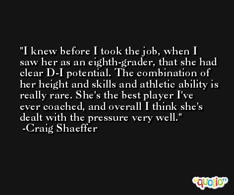 I knew before I took the job, when I saw her as an eighth-grader, that she had clear D-I potential. The combination of her height and skills and athletic ability is really rare. She's the best player I've ever coached, and overall I think she's dealt with the pressure very well. -Craig Shaeffer