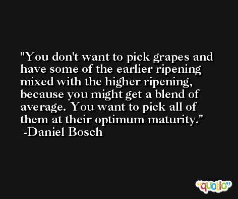You don't want to pick grapes and have some of the earlier ripening mixed with the higher ripening, because you might get a blend of average. You want to pick all of them at their optimum maturity. -Daniel Bosch