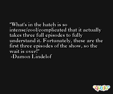 What's in the hatch is so intense/cool/complicated that it actually takes three full episodes to fully understand it. Fortunately, these are the first three episodes of the show, so the wait is over! -Damon Lindelof
