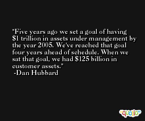 Five years ago we set a goal of having $1 trillion in assets under management by the year 2005. We've reached that goal four years ahead of schedule. When we sat that goal, we had $125 billion in customer assets. -Dan Hubbard