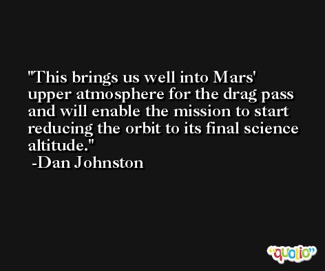 This brings us well into Mars' upper atmosphere for the drag pass and will enable the mission to start reducing the orbit to its final science altitude. -Dan Johnston