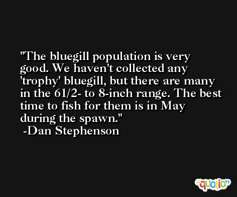 The bluegill population is very good. We haven't collected any 'trophy' bluegill, but there are many in the 61/2- to 8-inch range. The best time to fish for them is in May during the spawn. -Dan Stephenson