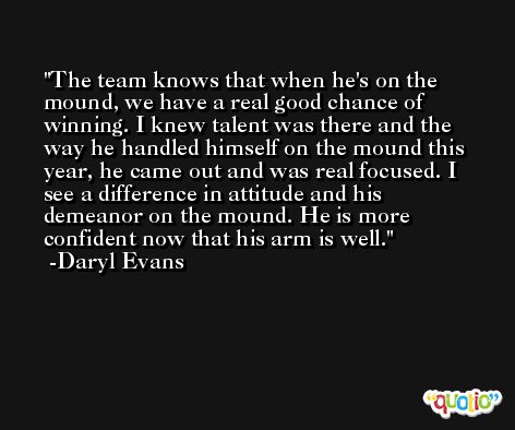 The team knows that when he's on the mound, we have a real good chance of winning. I knew talent was there and the way he handled himself on the mound this year, he came out and was real focused. I see a difference in attitude and his demeanor on the mound. He is more confident now that his arm is well. -Daryl Evans