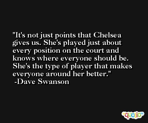 It's not just points that Chelsea gives us. She's played just about every position on the court and knows where everyone should be. She's the type of player that makes everyone around her better. -Dave Swanson