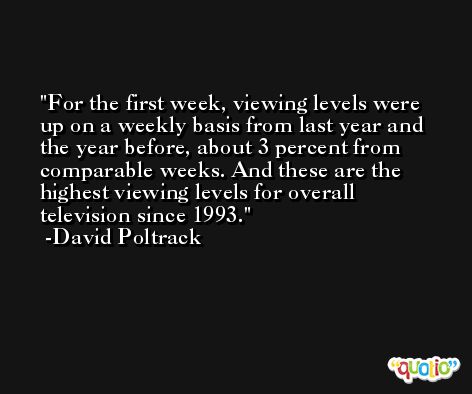 For the first week, viewing levels were up on a weekly basis from last year and the year before, about 3 percent from comparable weeks. And these are the highest viewing levels for overall television since 1993. -David Poltrack