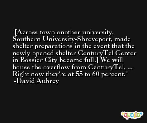 [Across town another university, Southern University-Shreveport, made shelter preparations in the event that the newly opened shelter CenturyTel Center in Bossier City became full.] We will house the overflow from CenturyTel, ... Right now they're at 55 to 60 percent. -David Aubrey