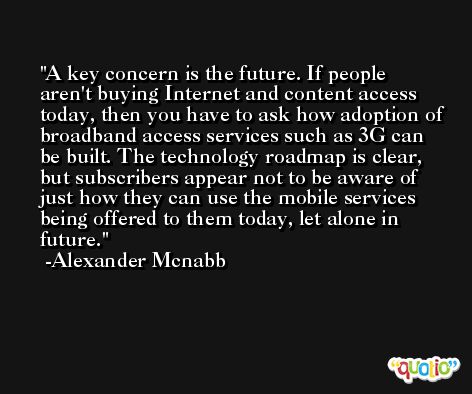 A key concern is the future. If people aren't buying Internet and content access today, then you have to ask how adoption of broadband access services such as 3G can be built. The technology roadmap is clear, but subscribers appear not to be aware of just how they can use the mobile services being offered to them today, let alone in future. -Alexander Mcnabb