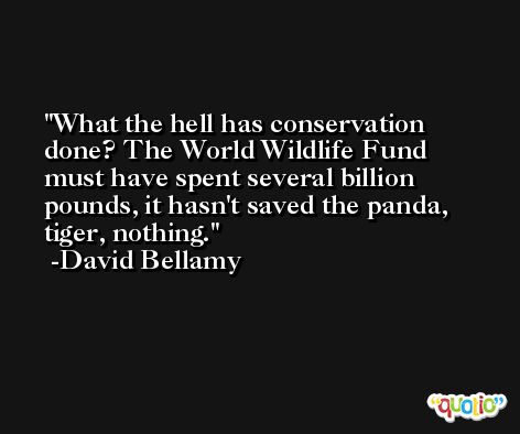 What the hell has conservation done? The World Wildlife Fund must have spent several billion pounds, it hasn't saved the panda, tiger, nothing. -David Bellamy