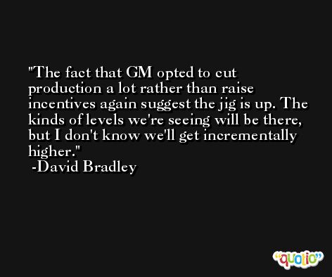 The fact that GM opted to cut production a lot rather than raise incentives again suggest the jig is up. The kinds of levels we're seeing will be there, but I don't know we'll get incrementally higher. -David Bradley