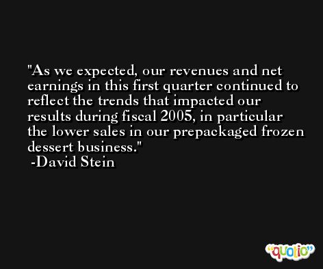 As we expected, our revenues and net earnings in this first quarter continued to reflect the trends that impacted our results during fiscal 2005, in particular the lower sales in our prepackaged frozen dessert business. -David Stein