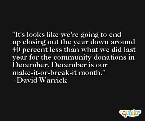 It's looks like we're going to end up closing out the year down around 40 percent less than what we did last year for the community donations in December. December is our make-it-or-break-it month. -David Warrick