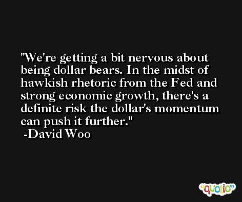We're getting a bit nervous about being dollar bears. In the midst of hawkish rhetoric from the Fed and strong economic growth, there's a definite risk the dollar's momentum can push it further. -David Woo