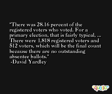 There was 28.16 percent of the registered voters who voted. For a primary election, that is fairly typical, ... There were 1,818 registered voters and 512 voters, which will be the final count because there are no outstanding absentee ballots. -David Yardley