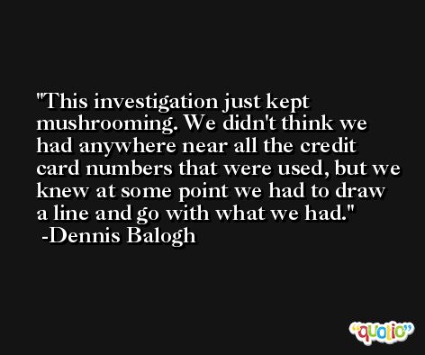 This investigation just kept mushrooming. We didn't think we had anywhere near all the credit card numbers that were used, but we knew at some point we had to draw a line and go with what we had. -Dennis Balogh