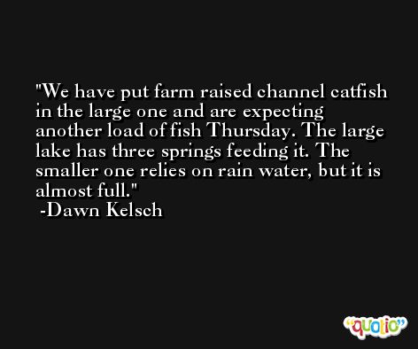 We have put farm raised channel catfish in the large one and are expecting another load of fish Thursday. The large lake has three springs feeding it. The smaller one relies on rain water, but it is almost full. -Dawn Kelsch