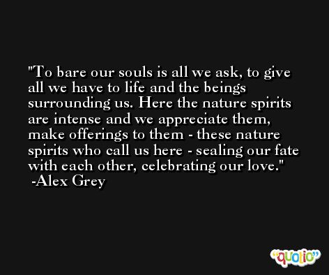 To bare our souls is all we ask, to give all we have to life and the beings surrounding us. Here the nature spirits are intense and we appreciate them, make offerings to them - these nature spirits who call us here - sealing our fate with each other, celebrating our love. -Alex Grey