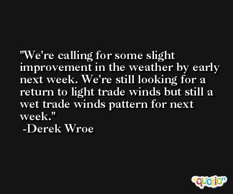 We're calling for some slight improvement in the weather by early next week. We're still looking for a return to light trade winds but still a wet trade winds pattern for next week. -Derek Wroe
