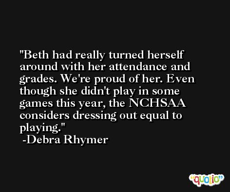 Beth had really turned herself around with her attendance and grades. We're proud of her. Even though she didn't play in some games this year, the NCHSAA considers dressing out equal to playing. -Debra Rhymer