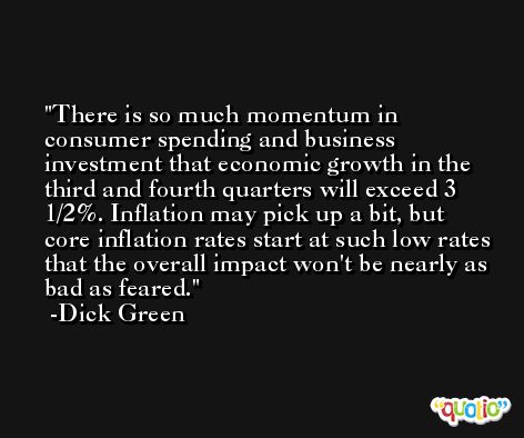 There is so much momentum in consumer spending and business investment that economic growth in the third and fourth quarters will exceed 3 1/2%. Inflation may pick up a bit, but core inflation rates start at such low rates that the overall impact won't be nearly as bad as feared. -Dick Green