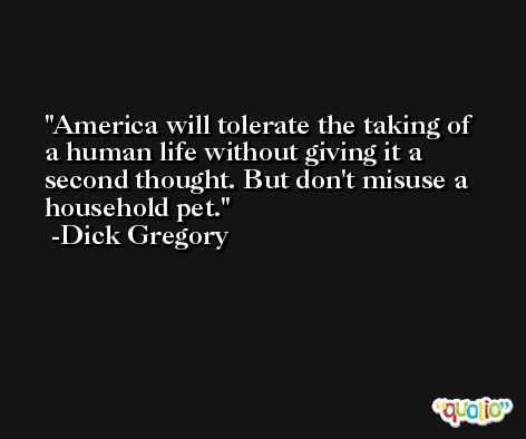 America will tolerate the taking of a human life without giving it a second thought. But don't misuse a household pet. -Dick Gregory