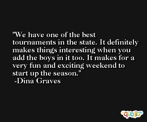 We have one of the best tournaments in the state. It definitely makes things interesting when you add the boys in it too. It makes for a very fun and exciting weekend to start up the season. -Dina Graves