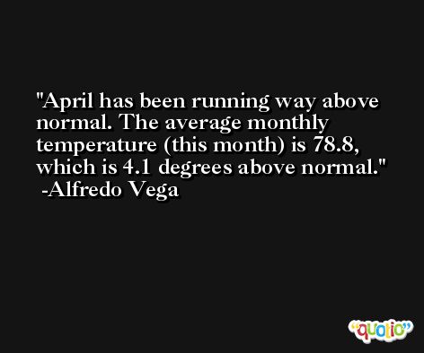 April has been running way above normal. The average monthly temperature (this month) is 78.8, which is 4.1 degrees above normal. -Alfredo Vega