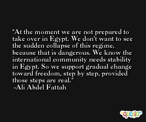 At the moment we are not prepared to take over in Egypt. We don't want to see the sudden collapse of this regime, because that is dangerous. We know the international community needs stability in Egypt. So we support gradual change toward freedom, step by step, provided those steps are real. -Ali Abdel Fattah