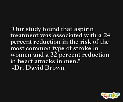 Our study found that aspirin treatment was associated with a 24 percent reduction in the risk of the most common type of stroke in women and a 32 percent reduction in heart attacks in men. -Dr. David Brown