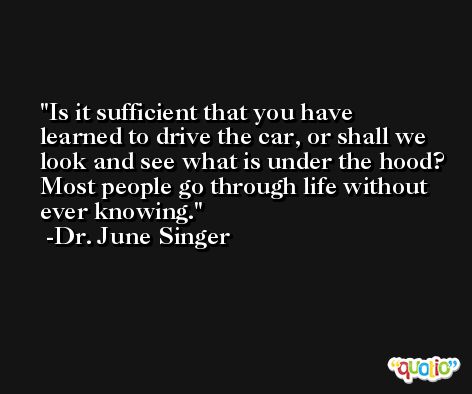 Is it sufficient that you have learned to drive the car, or shall we look and see what is under the hood? Most people go through life without ever knowing. -Dr. June Singer