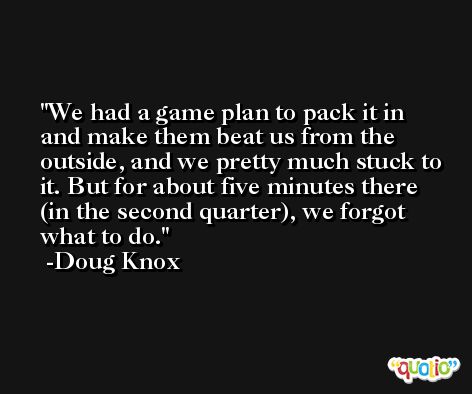 We had a game plan to pack it in and make them beat us from the outside, and we pretty much stuck to it. But for about five minutes there (in the second quarter), we forgot what to do. -Doug Knox