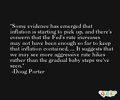 Some evidence has emerged that inflation is starting to pick up, and there's concern that the Fed's rate increases may not have been enough so far to keep that inflation contained, ... It suggests that we may see more aggressive rate hikes rather than the gradual baby steps we've seen. -Doug Porter